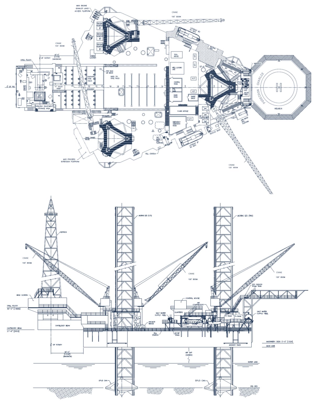 General arrangement drawing of the Poseidon Charlie jack-up drilling rig: deck plan and side elevation.