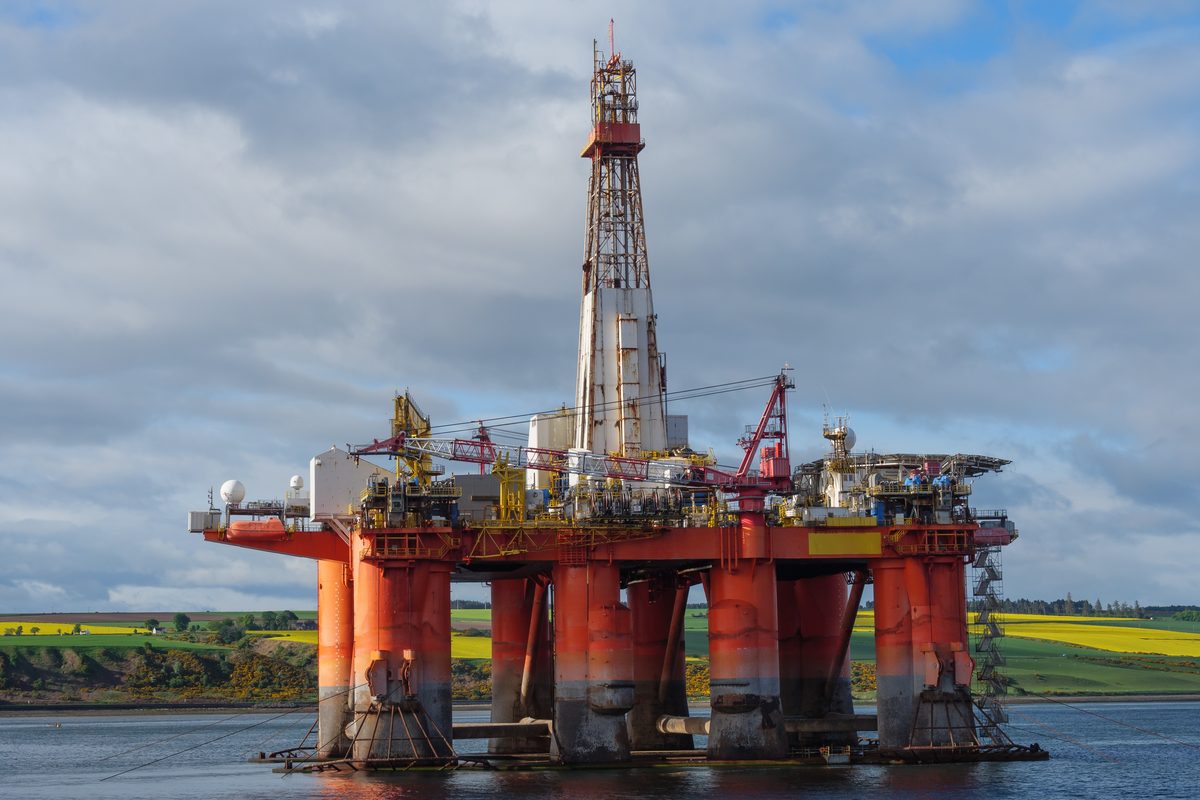 Semi-submersible drilling rig at anchor.